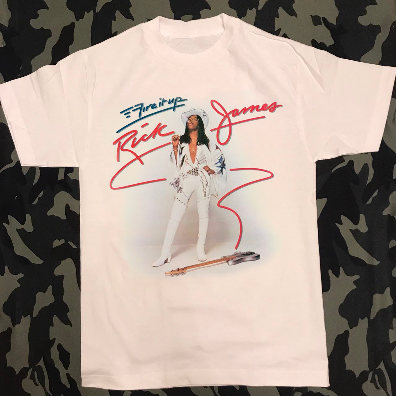 Rick James Fire It Up Guitar in white Unisex T-Shirt Full Size BL2.280 gallery