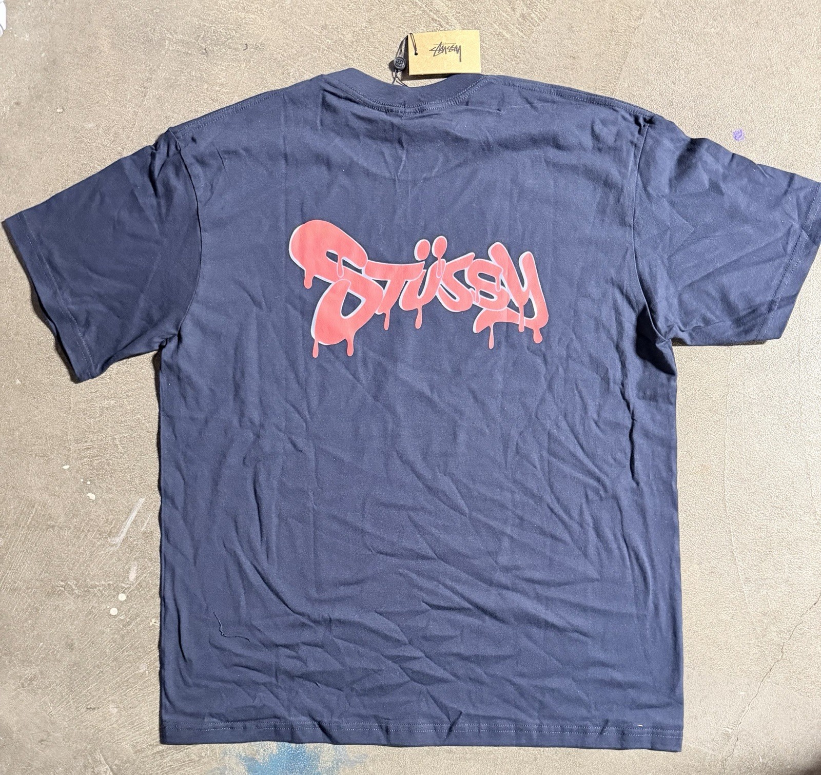 Stussy Shirt Paint Design Spell out Size XL Navy NWT Double Sided Streetwear gallery