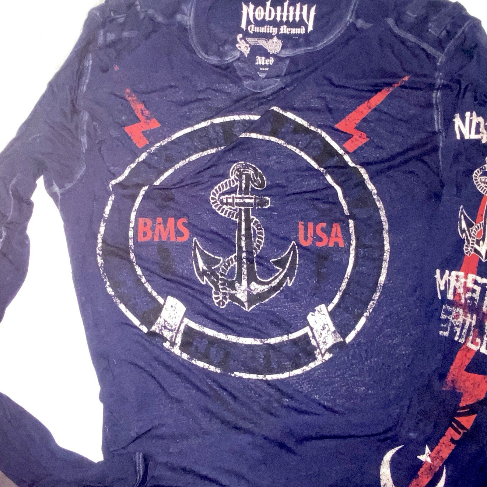 Men’s Sheer Nobility Graphic Long Sleeve Tee In Navy Blue and Crew Neck Size M gallery