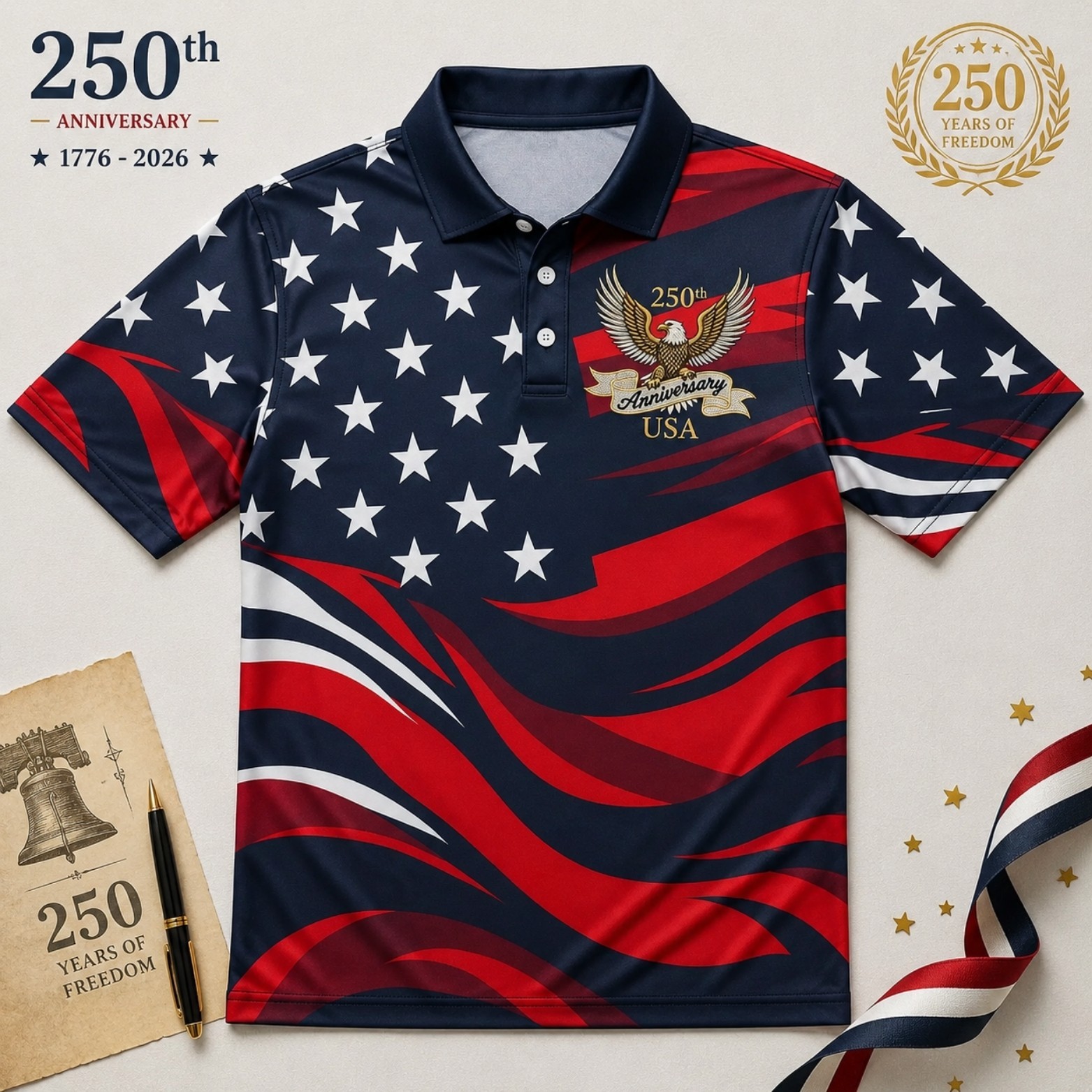 USA 250th Anniversary Golf Polo Shirt 1776-2026 American Flag Patriotic (S-5XL)