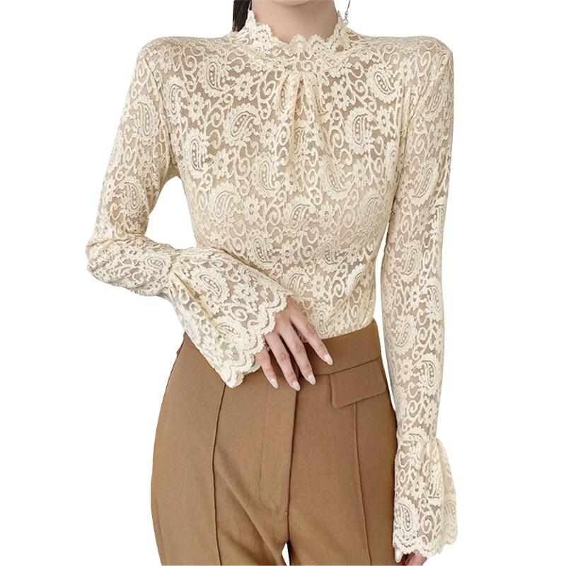 Women Long Sleeves Blouse Turtleneck T-shirt Stretch Lace Bottoming Tops gallery