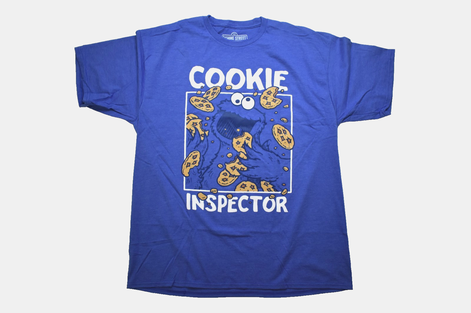 Sesame Street Mens Cookie Monster Cookie Inspector Funny Blue Shirt New Large gallery