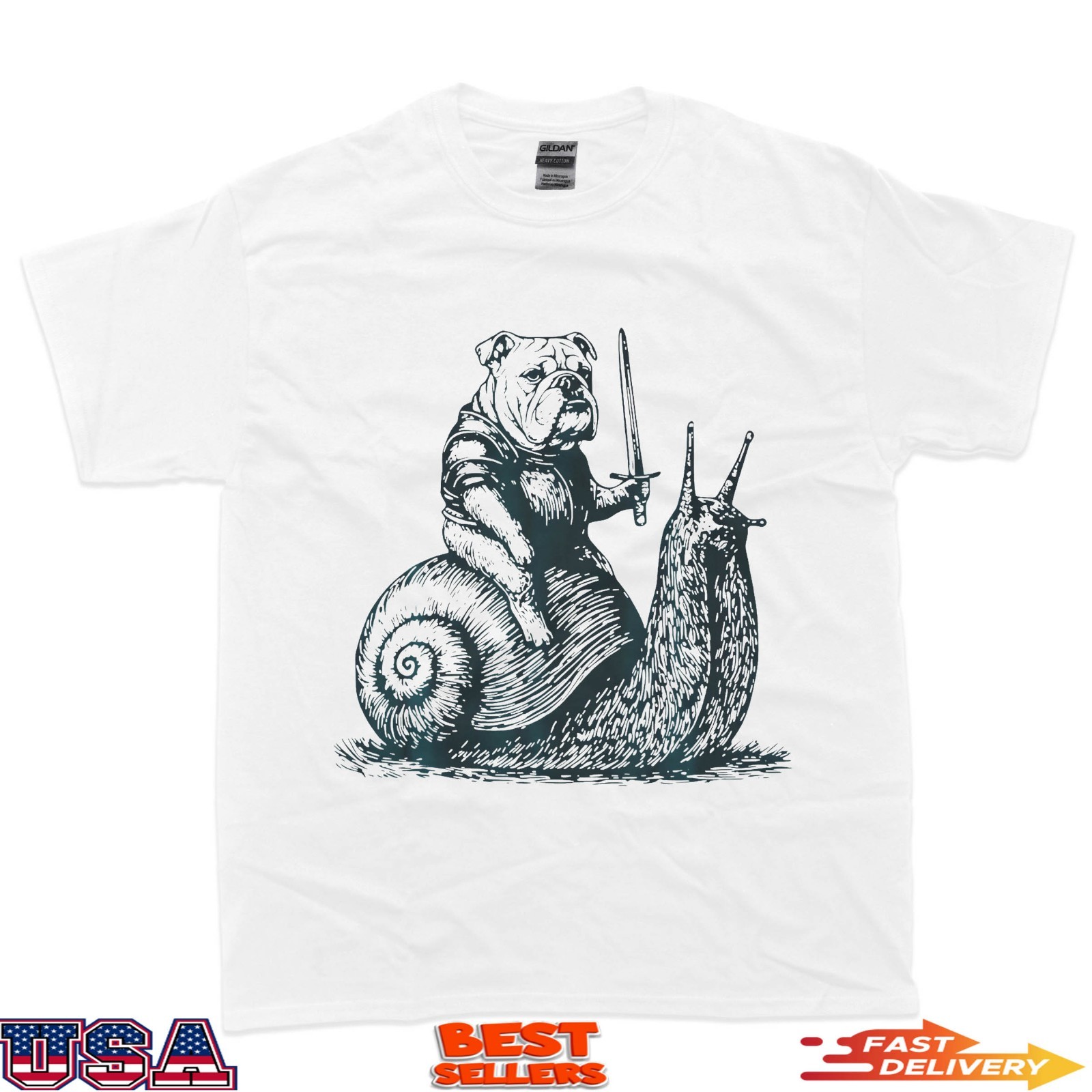 Medieval Bulldog Knight Riding Snail Vintage Funny Dog Meme T-Shirt gallery