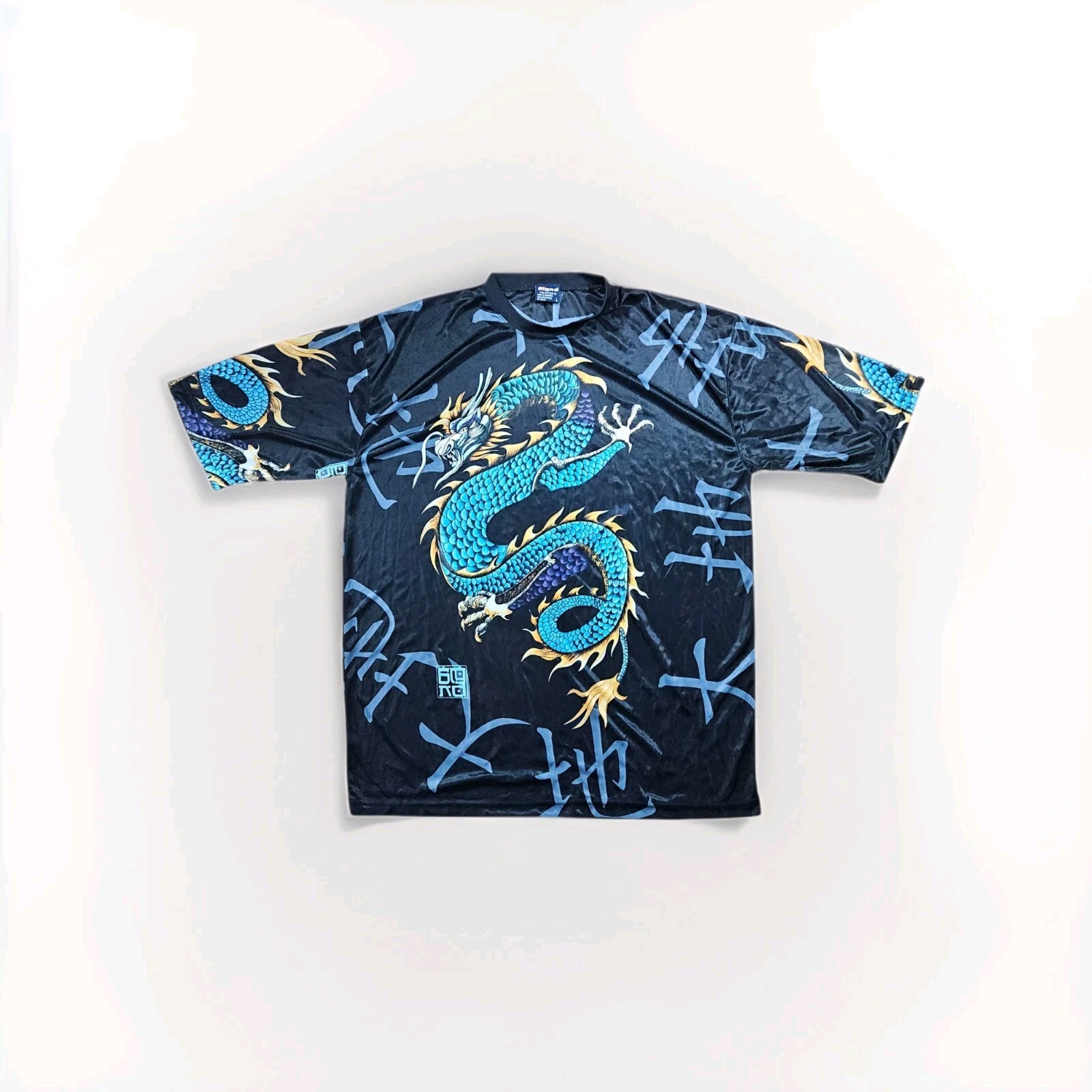 Vintage Y2K Bignd Woven Semi Sheer Asian Dragon AOP Short Sleeve T Shirt L