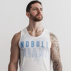 NoBull Men’s White Blue Palm Tree Miami Graphic Tank Top Athletic CrossFit S