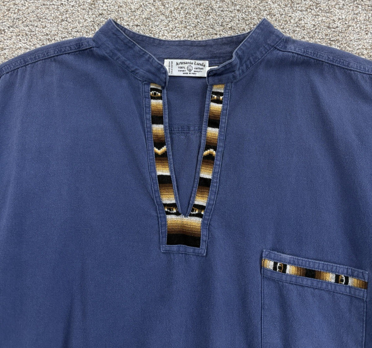Artesania Landa Pullover Shirt Size XL Blue Embroidered Trim V-Neck Peru Cotton gallery