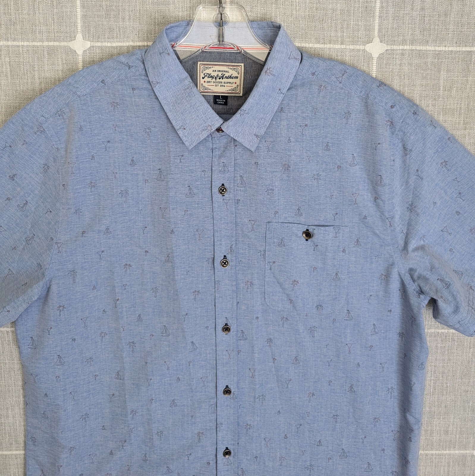 Flag & Anthem Shirt Mens Large Blue Palms Trees Short Sleeve Button Up Casual