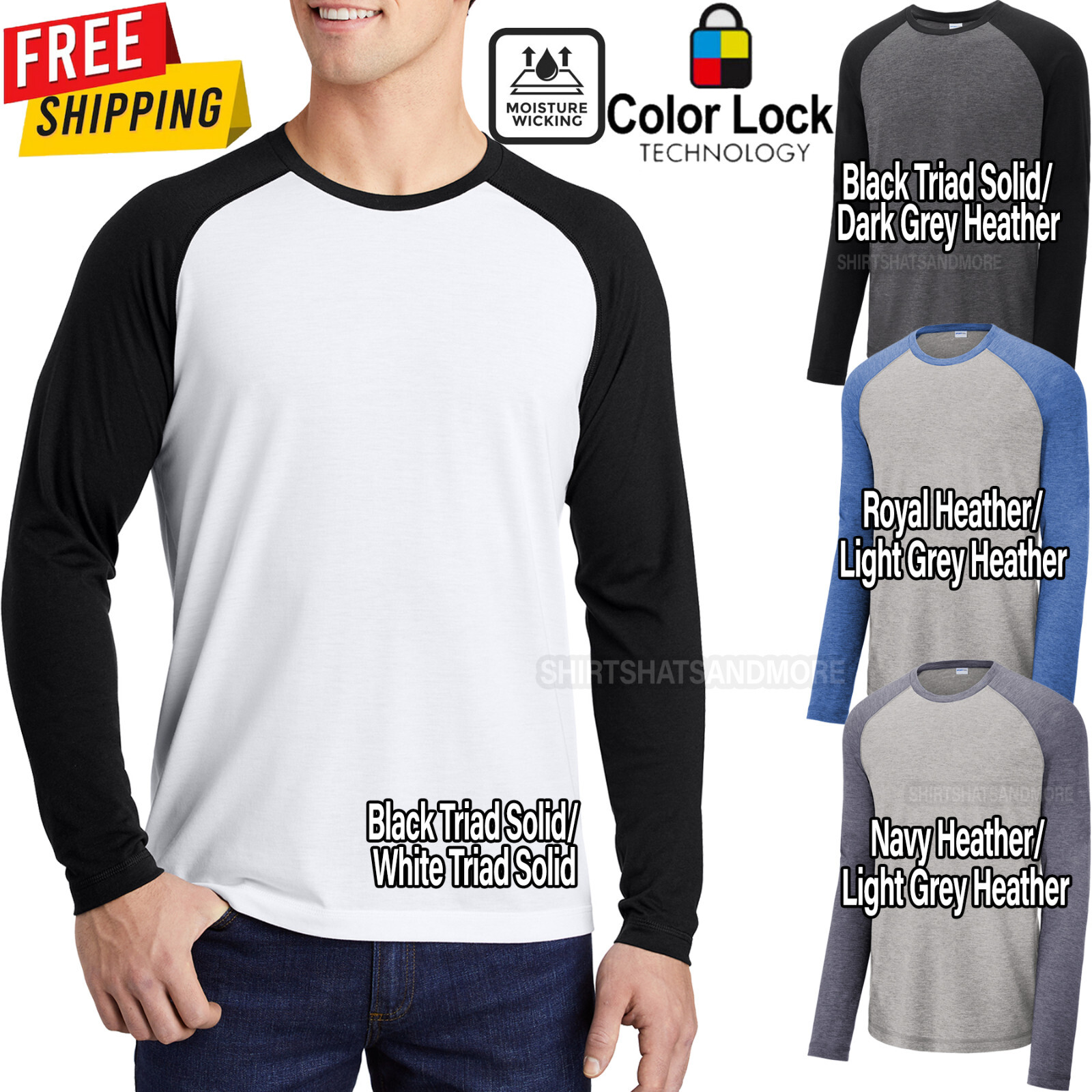Mens Tri Blend Baseball Moisture Wicking T-Shirt Long Sleeve Raglan Tee XS-4XL gallery