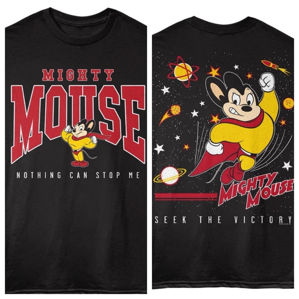 Mighty Mouse T-Shirt SEEK THE VICTORY Superhero TV Cartoon Adult F&B Black Merch