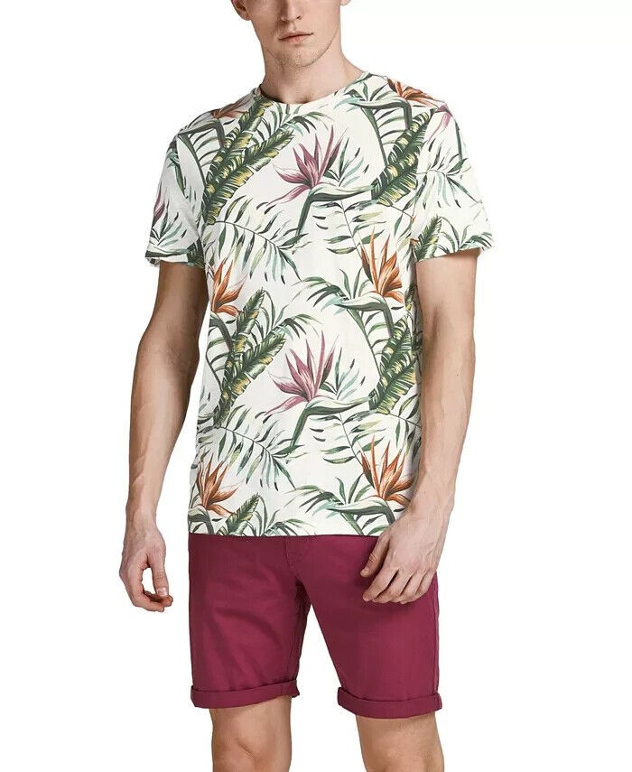 Jack & Jones Men’s Coastal Tropical-Print T-Shirt in Cloud Dancer-2XL