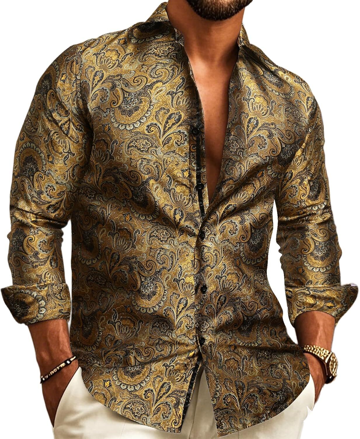 Mens Silk Paisley Western Shirt Long Sleeve Button Down Cowboy Dress Top Casual gallery