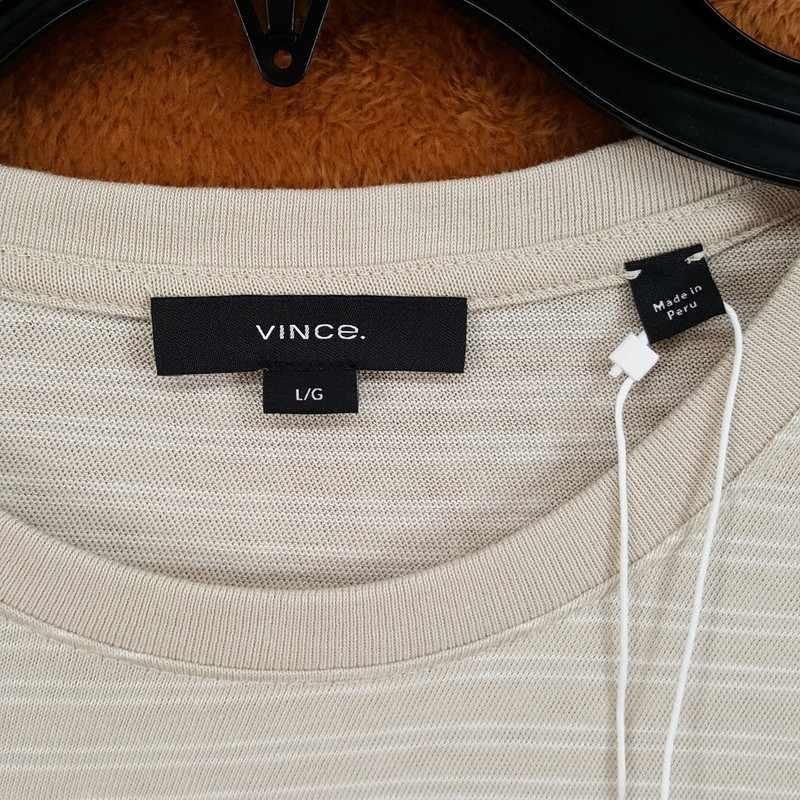 VINCE Shirt Mens Large Tan Stripe Pullover Crew Short Sleeve T-Shirt Tee $148 gallery