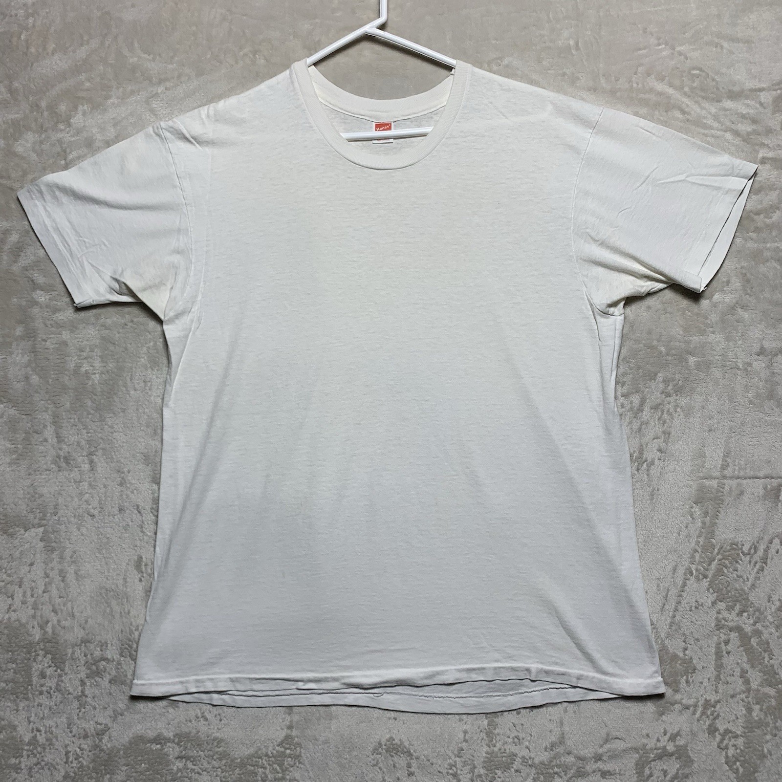 Vintage 90s Hanes Blank White T Shirt L/XL Worn Distressed Single Stitch USA gallery