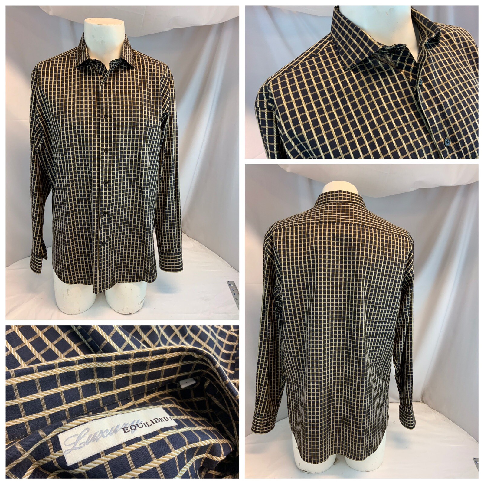 Equilibrio Luxury  Button Shirt L Men Blue Check Cotton Md Turkey New YGI G0-307