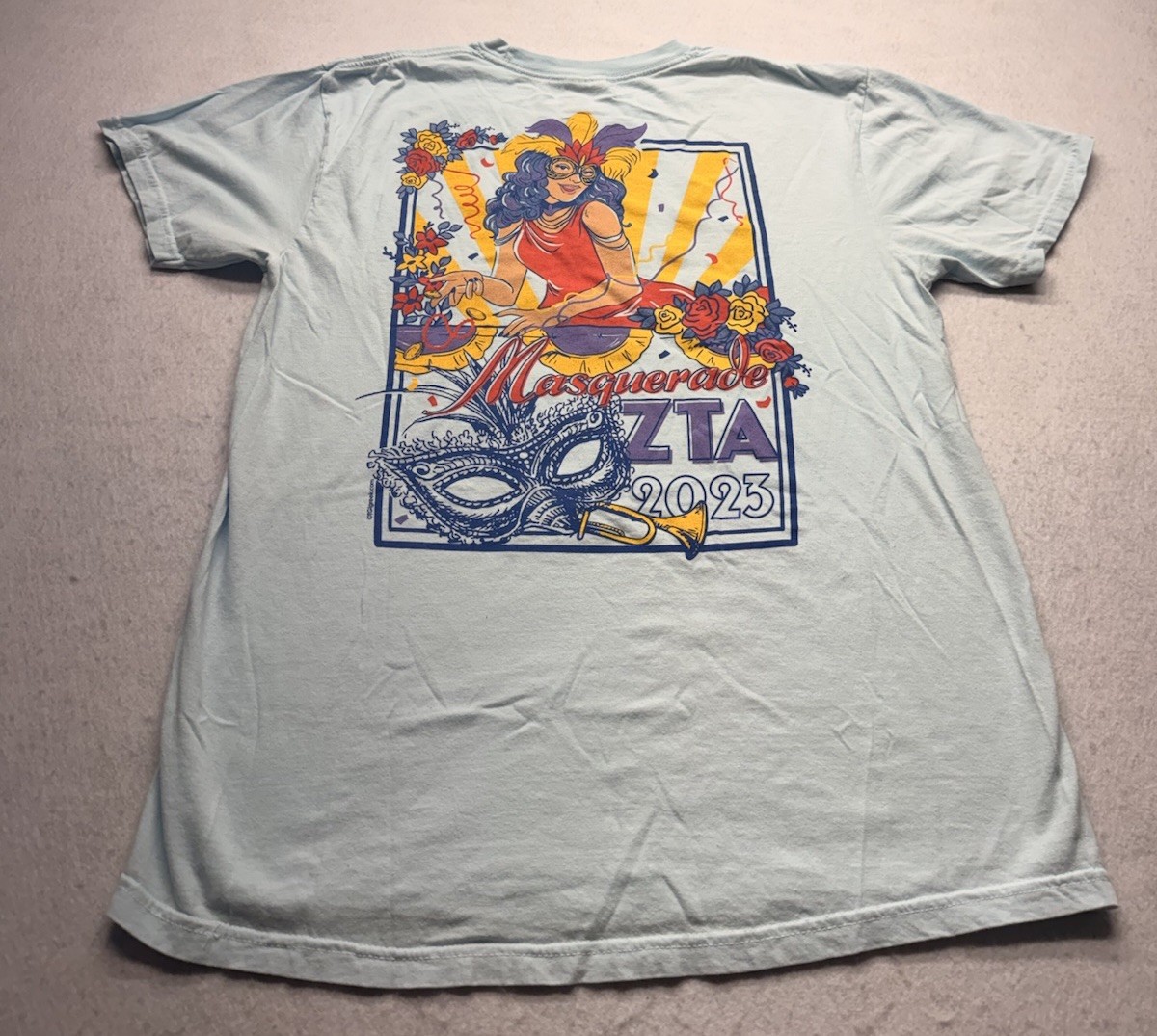 Zeta Tau Alpha ZTA Sorority Masquerade 2023 Formal DJ Pocket T-Shirt Blue Large gallery