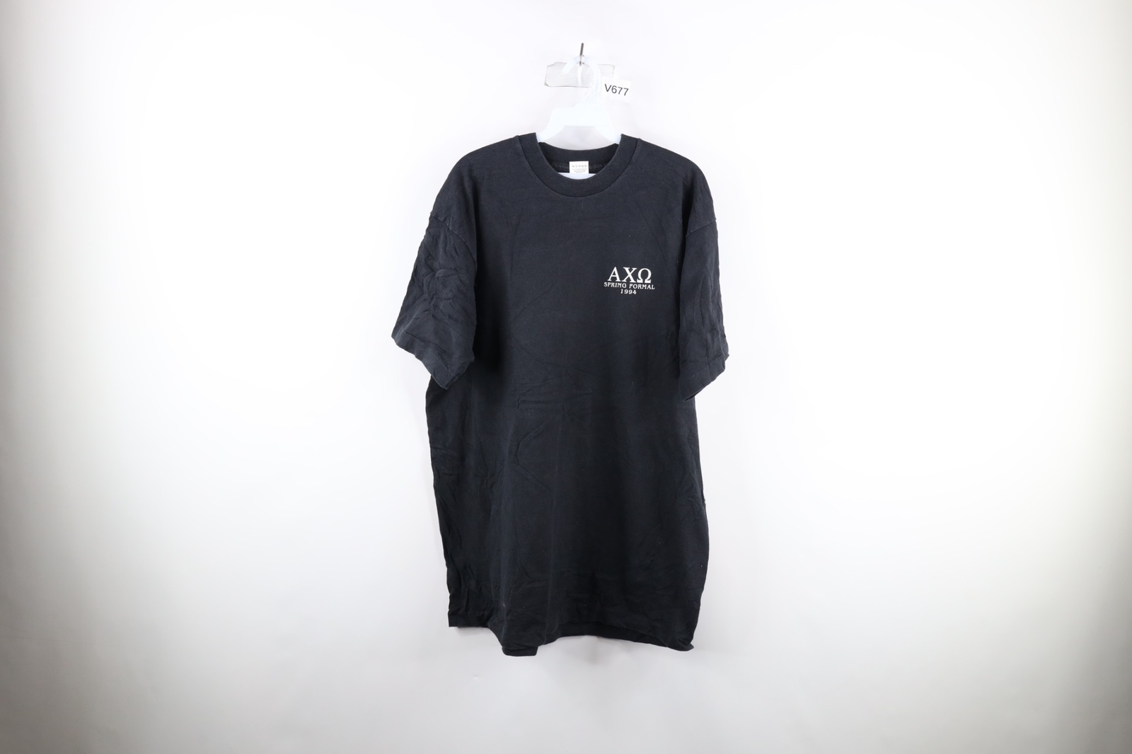 Vtg 90s Mens XL Faded Spell Out Alpha Chi Omega Spring Formal Fraternity T-Shirt gallery