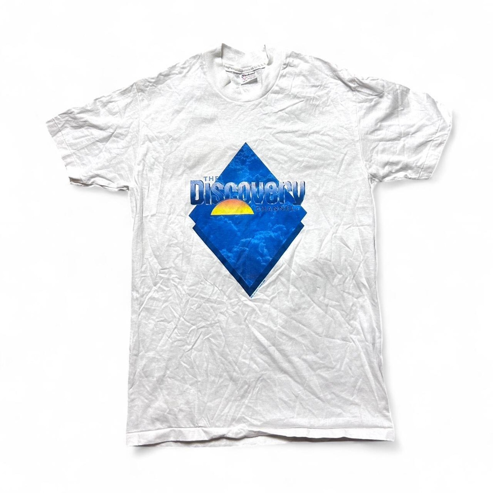 Discovery Channel 80s Vintage Logo White Cotton T-shirt Graphic Tee Medium