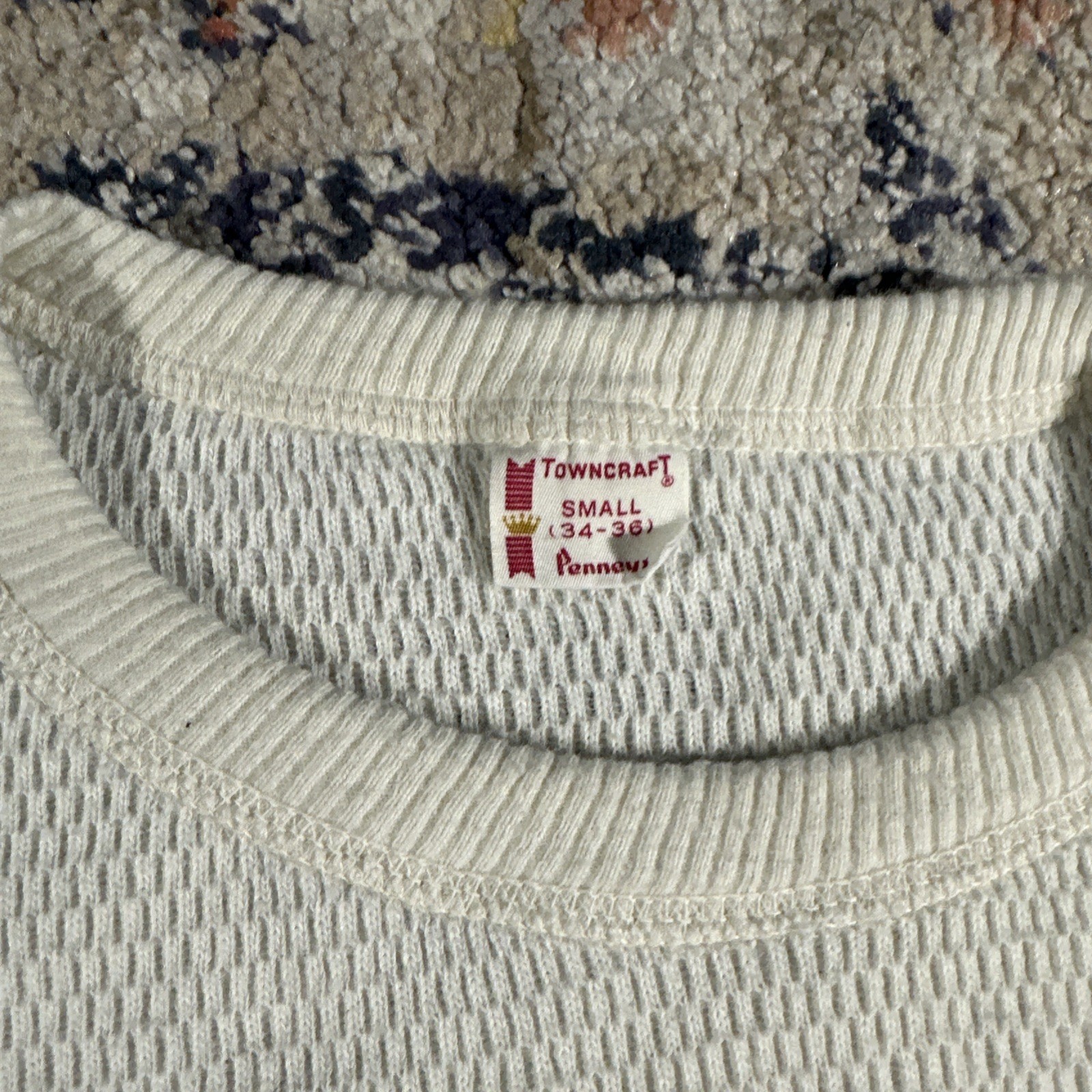 VTG 60s 70s Towncraft Thick Thermal Sweater size S Ivory Off White Waffle Knit gallery