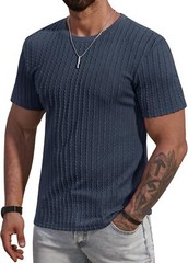 Men’s Slim Fit Textured Knit Short Sleeve Shirt Stretch Ribbed Crewneck Tee S-XX