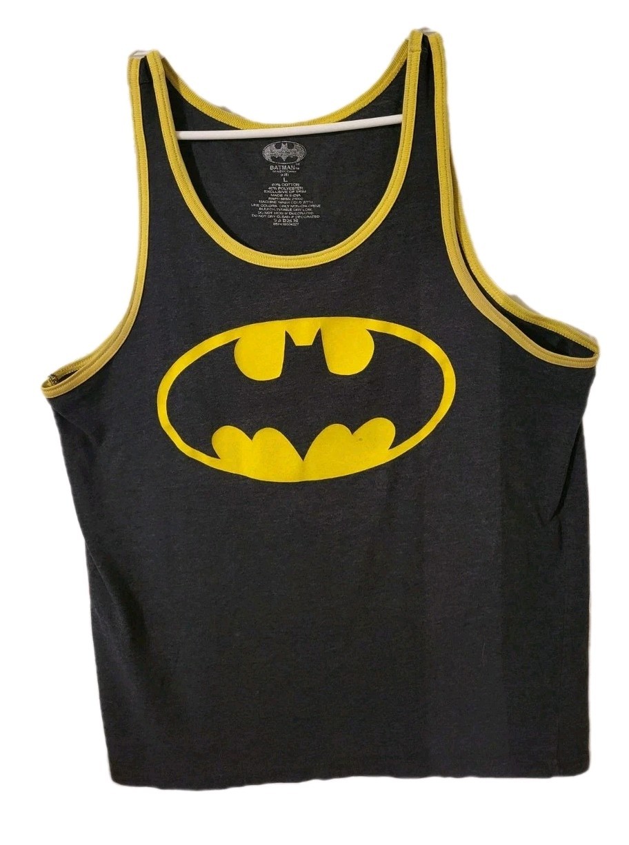 Batman Tank Top Men's Size Large Gray Yellow Graphic Print Scoop Neck gallery