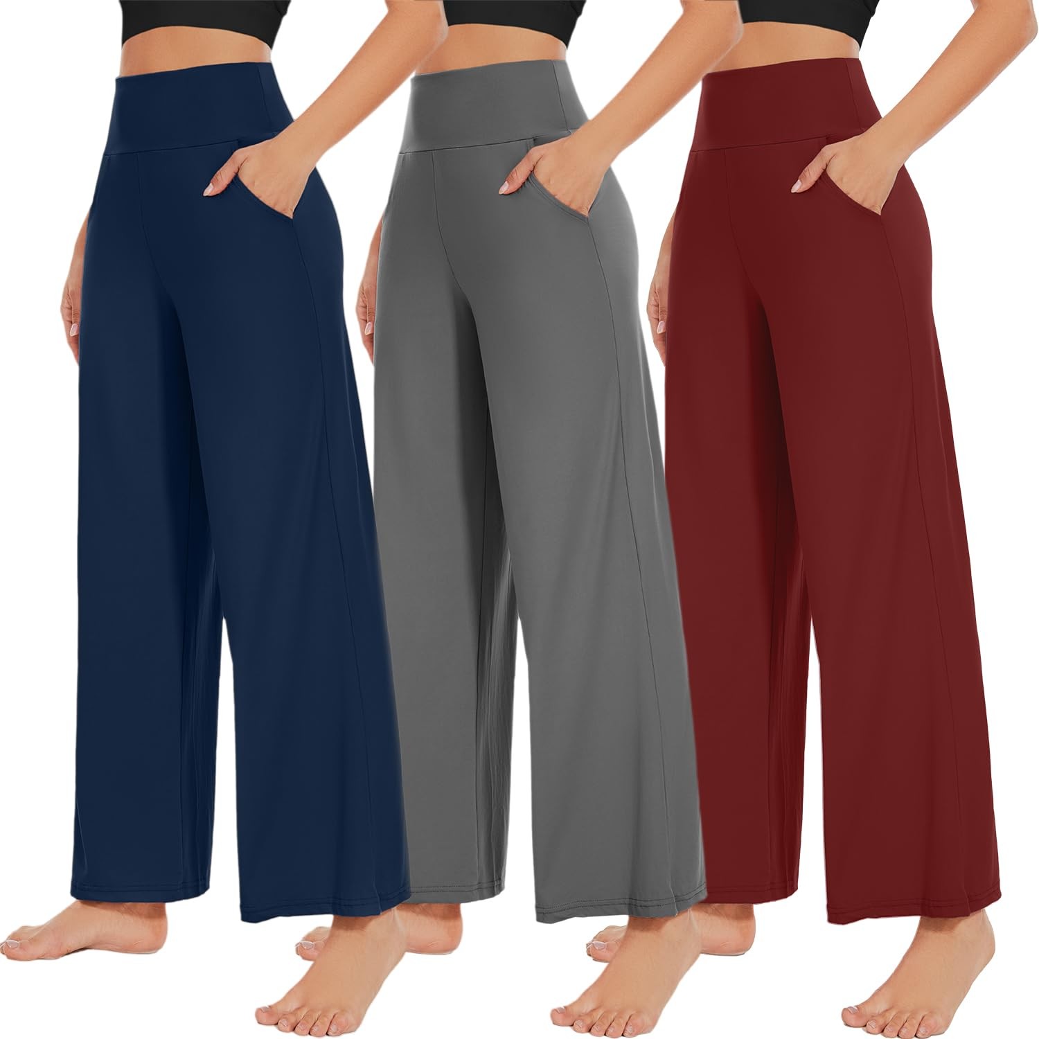 3 Pack Womens Wide Leg Pants with Pockets High Waist Loose Sweatpants Casual ... gallery