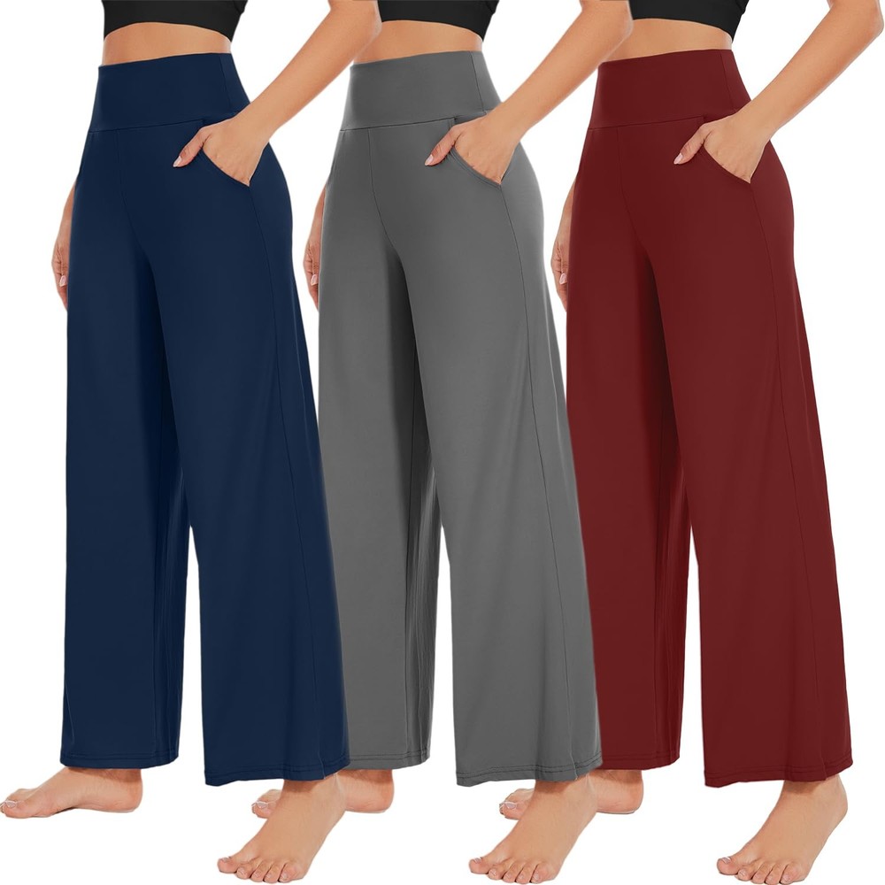 3 Pack Womens Wide Leg Pants with Pockets High Waist Loose Sweatpants Casual …