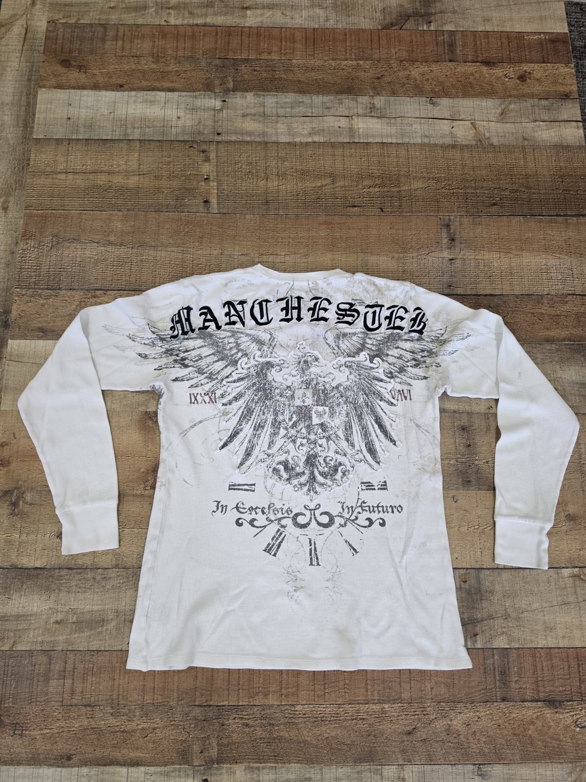 Vtg Y2k White Thermal Longsleeve Sz L Minor Flaws Embroidered Double Sided gallery