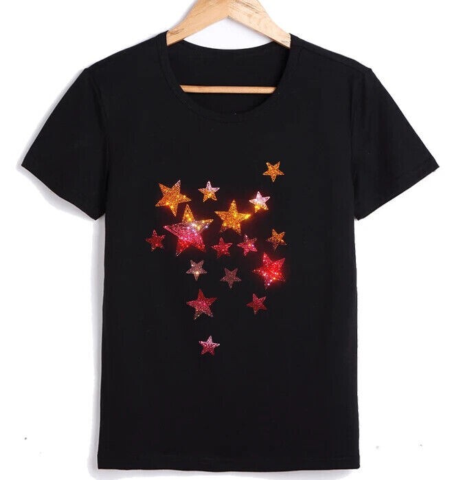 New Men Luxury Diamond Stars Rhinestones Fashion Black T-Shirt High Quality