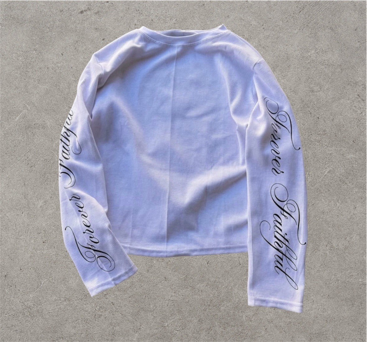 Forever Faithful Long Sleeve Shirt – White– Script Sleeve Print