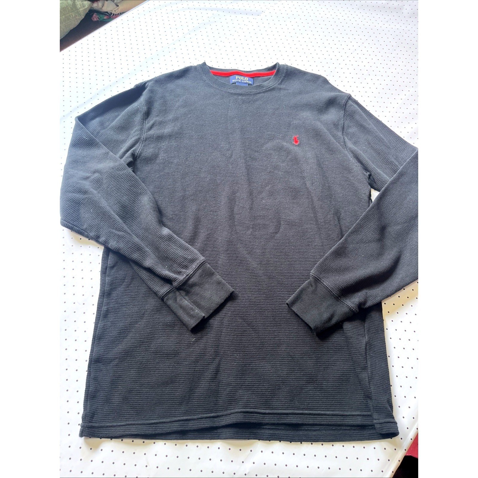 Polo Ralph Lauren Waffle Knit Thermal Shirt Mens XL Black Long Sleeve Red Pony