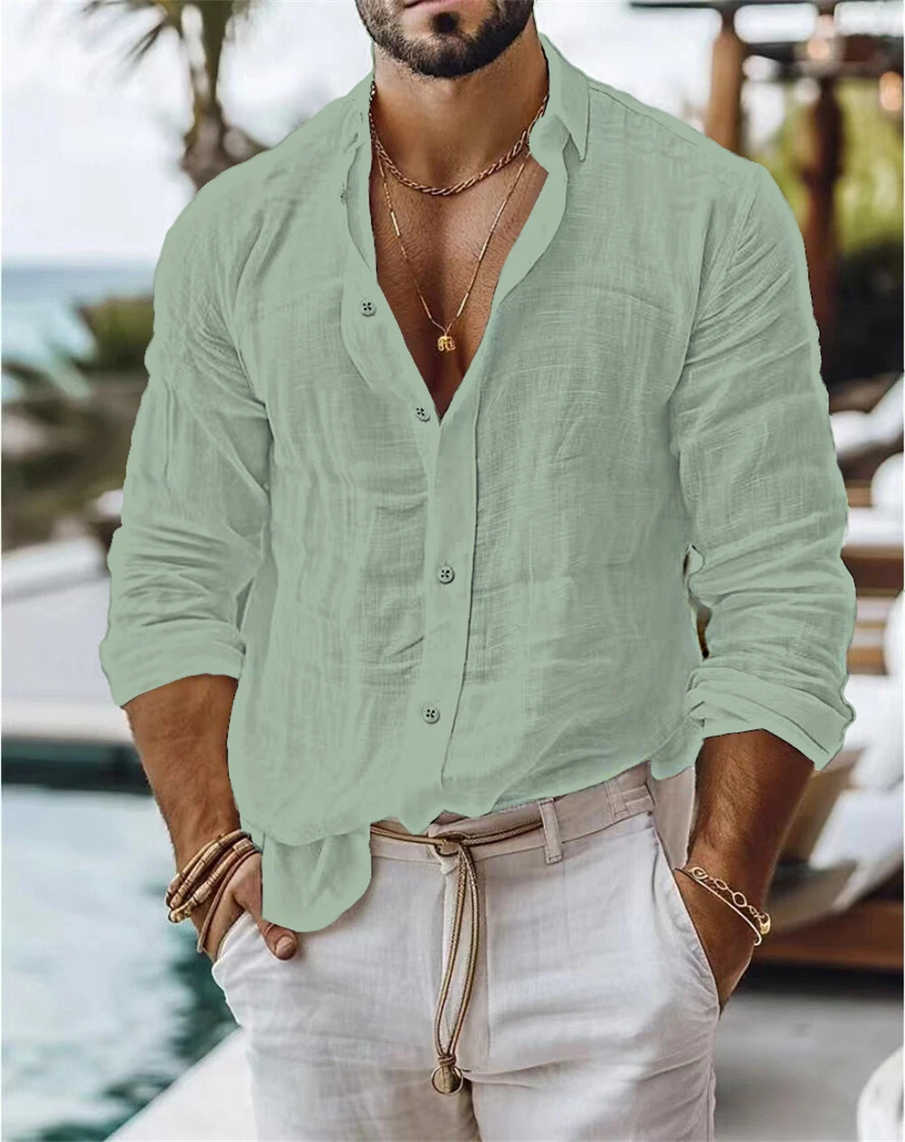 Men's Linen Shirt Casual Shirts Long Sleeve Button Down Tops Blouse gallery