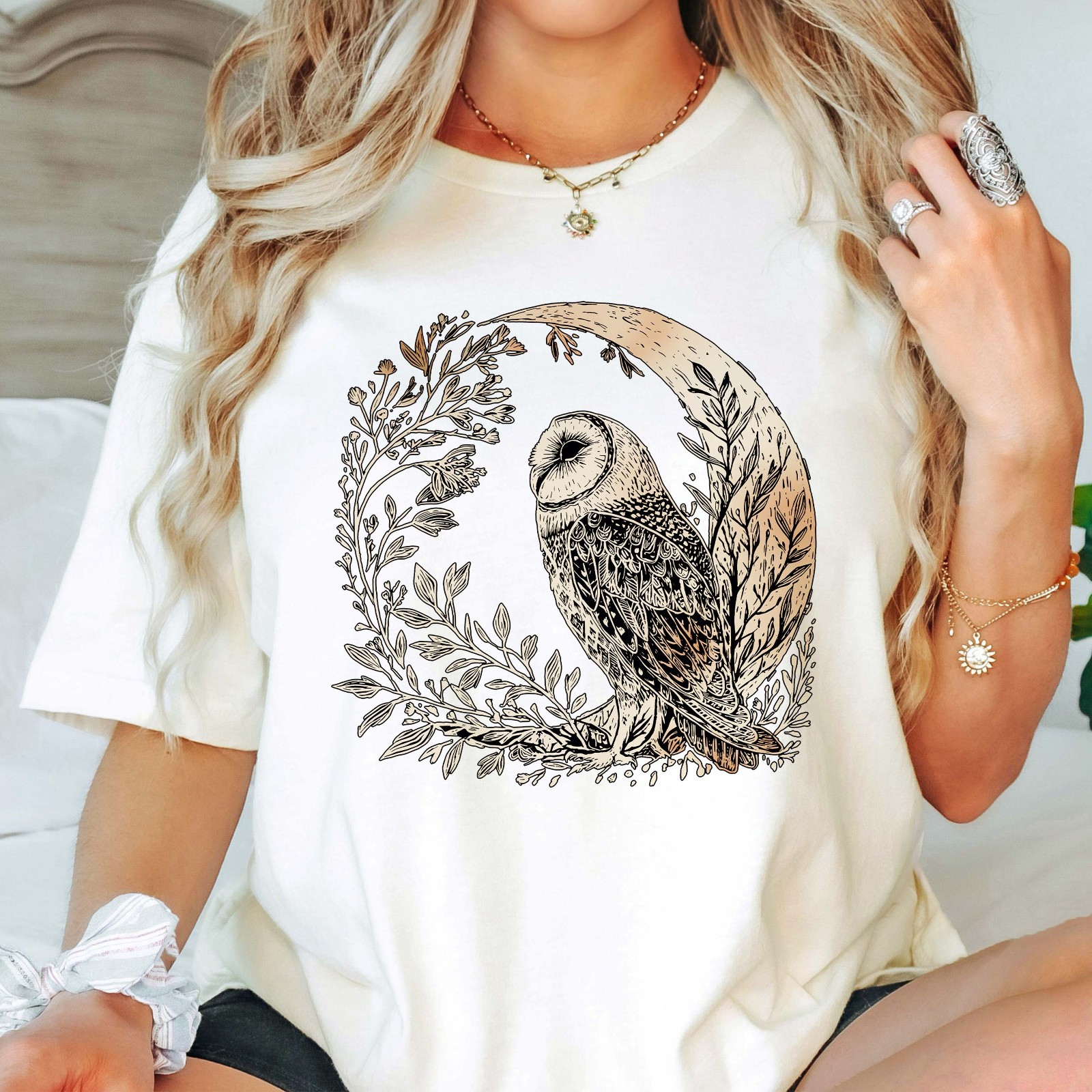 Celestial Cottagecore Barn Owl Moon Bird Wildlife Comfort Tee gallery