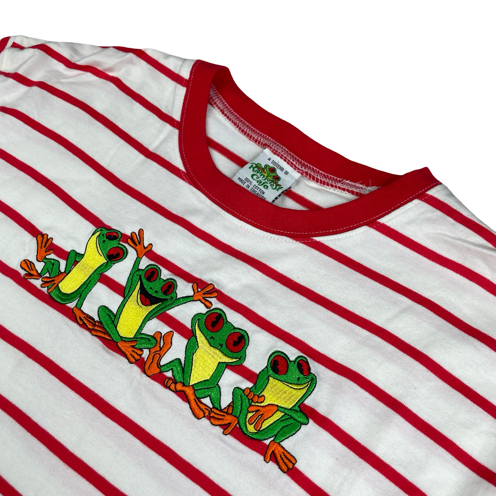 VTG Rainforest Cafe Men's Embroidered Frogs T-Shirt Red/White Stripe • Medium gallery