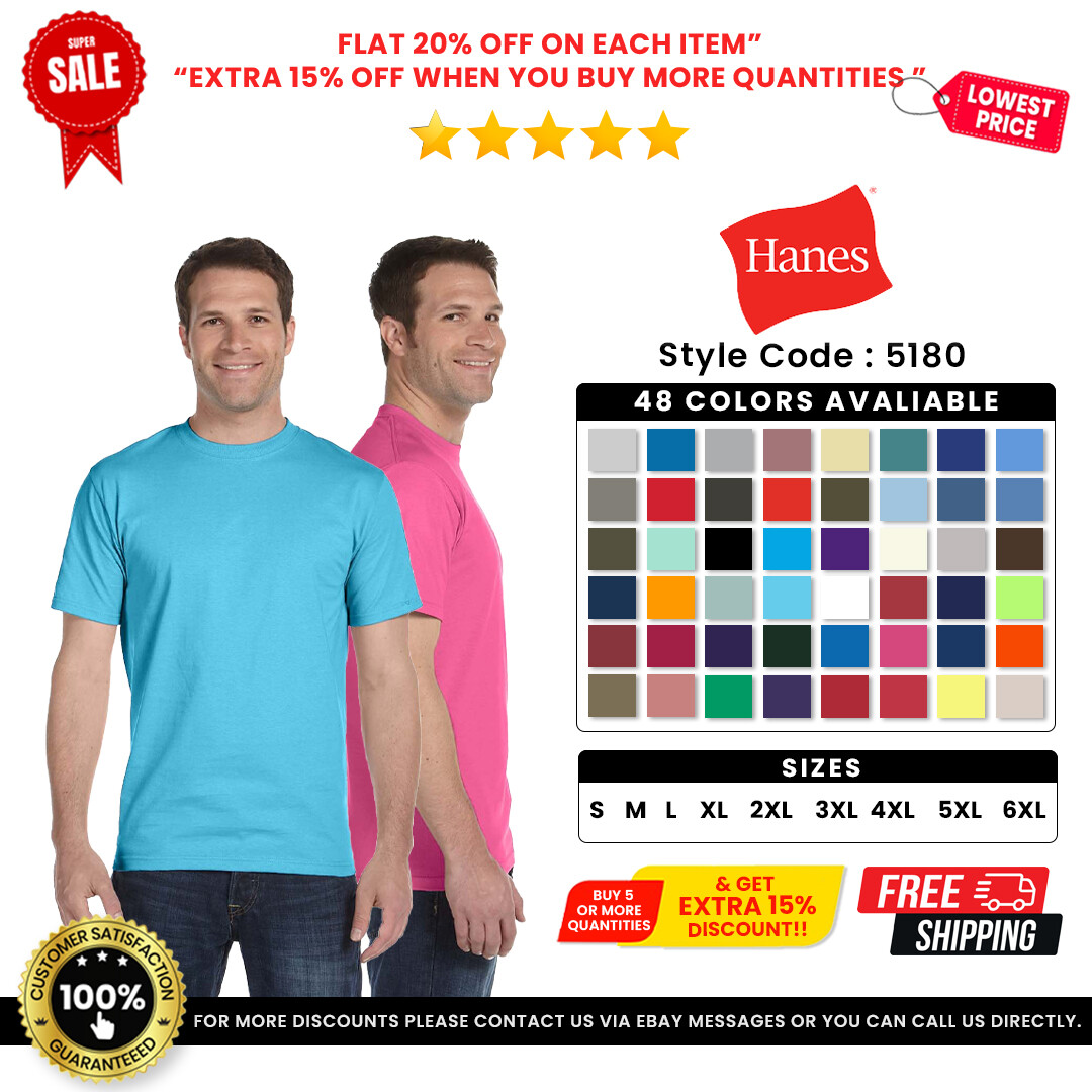 Hanes 5180 Men’s Cotton Crew Neck Short Sleeve Plain Blank Beefy-T T-Shirt