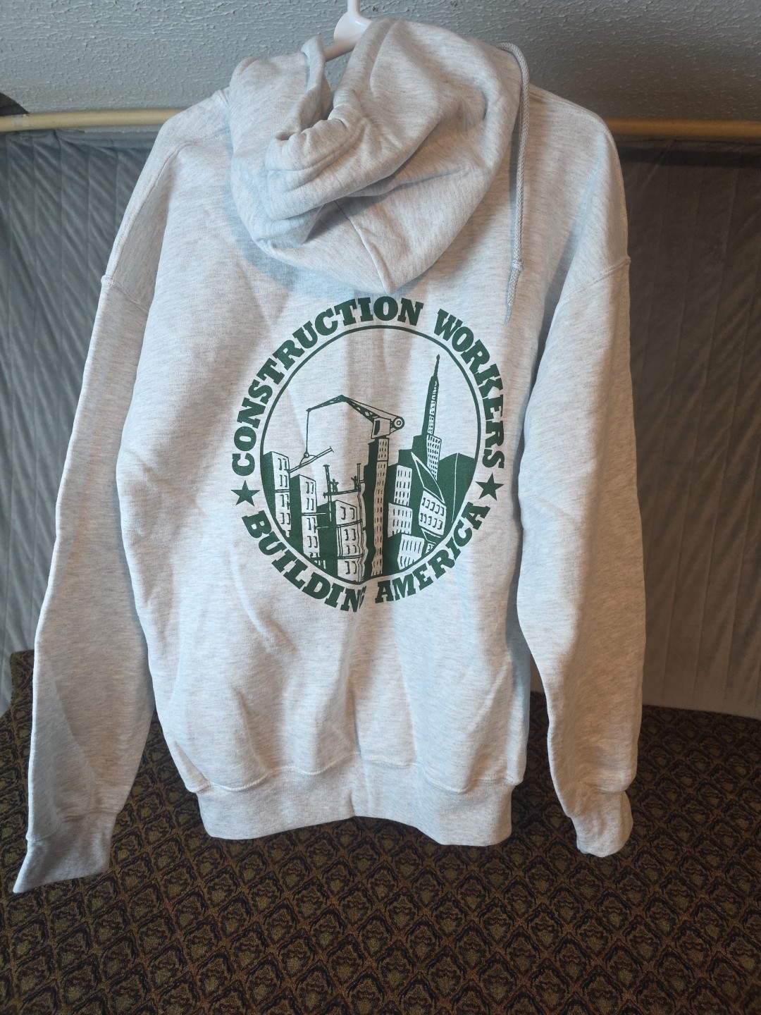 Construction Workers Building America Mens Large Gray Hoodie Front and Back Logo gallery