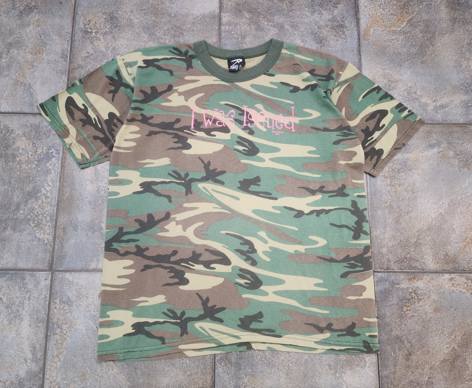 Vintage 90s Rothco XL "I Was Issued" Army Woodland Pink Camo T Shirt gallery