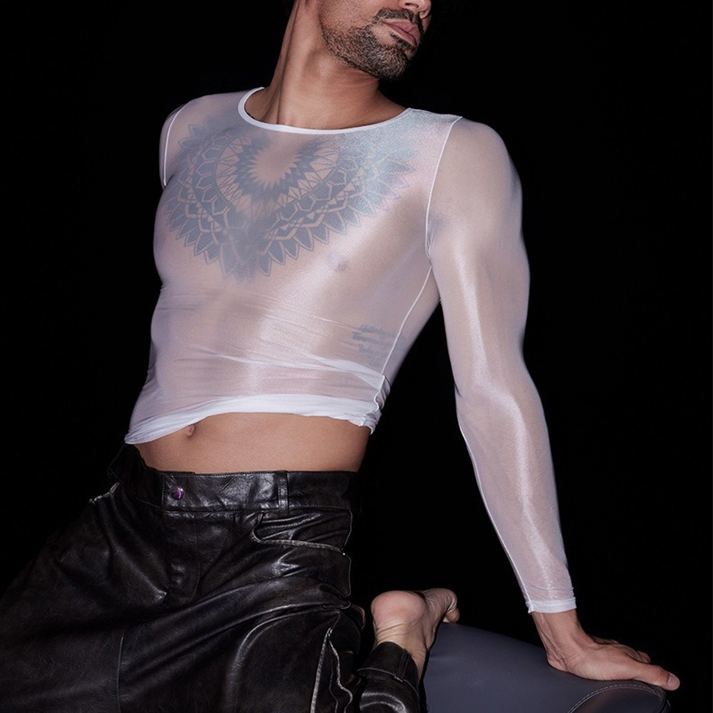 Men's Oil Shiny See Through Long Sleeve Sheer Tights Top Sexy Lingerie Shirt gallery
