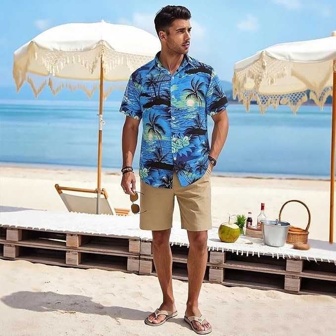 Mens Hawaiian Shirt Tropical Floral Short Sleeve Summer Beach Button Down gallery