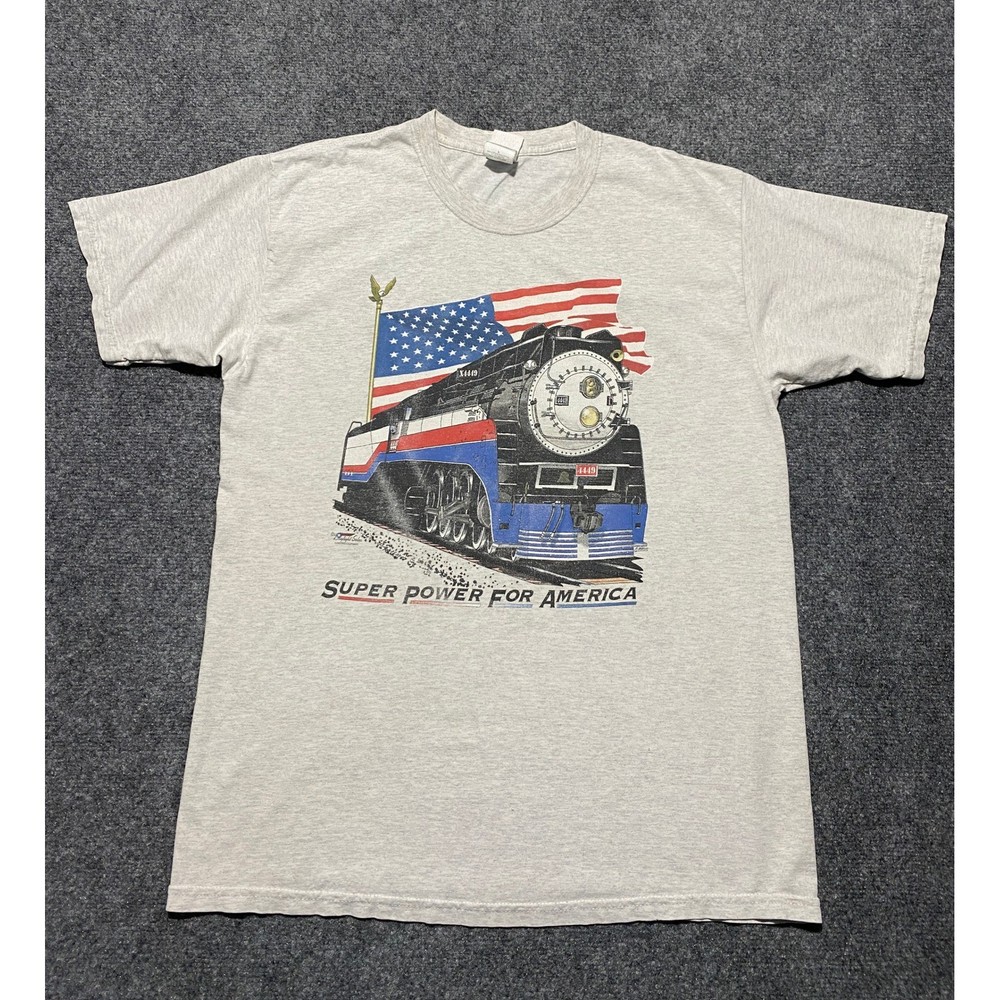 Super Power For America Locomotive Graphic Tee Men’s Size L Gray Steam Train