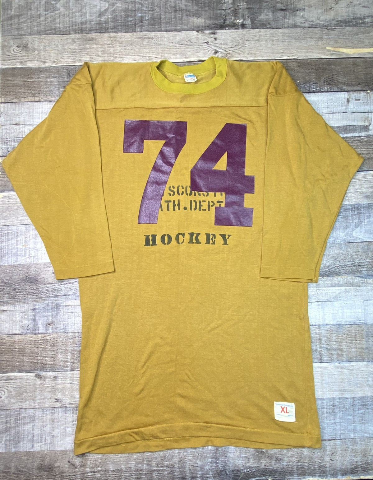 Vintage 70s Champion Wisconsin Ath. Dept Jersey 3/4 Sleeve Shirt Hockey Mens XL