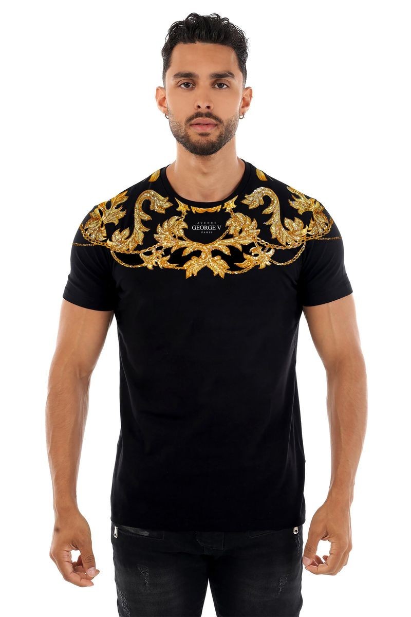 Avenue George V Paris Men Short Sleeves BLACK T-shirt Gold Chain rhinestone gallery