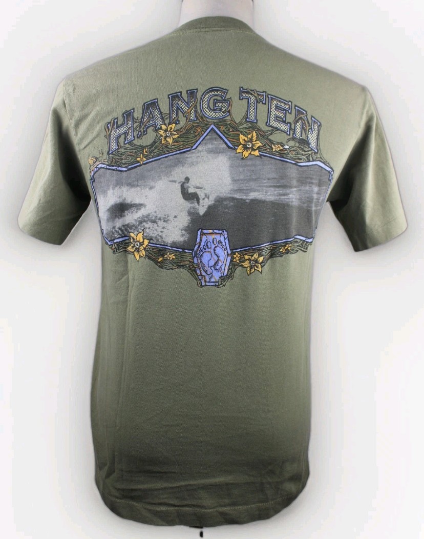 Vintage Mens 80s Hang Ten Beige Surf T shirt Graphic M USA Single Stitched