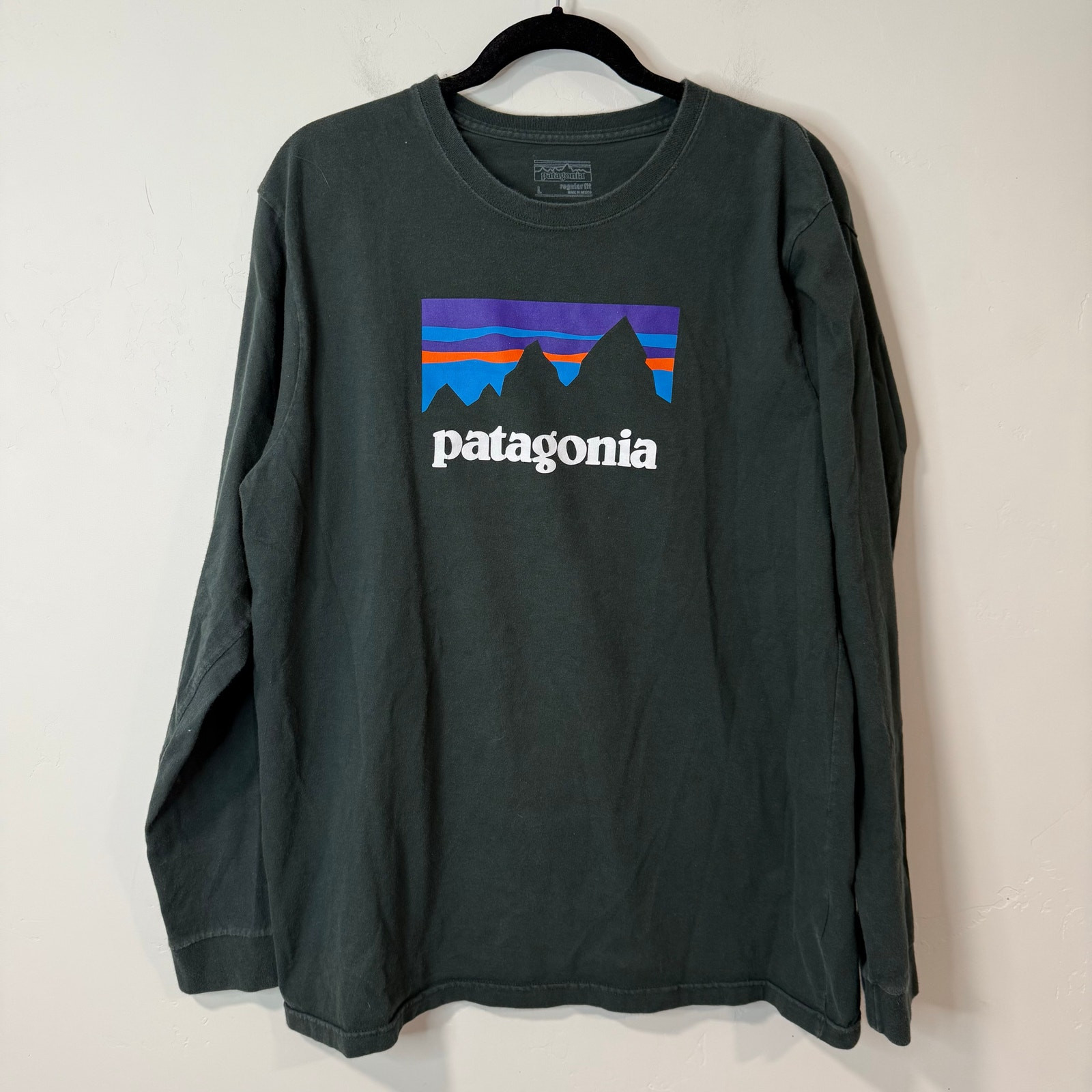 Patagonia Men's Shop Sticker Long-Sleeve Tee Graphic Logo Dark Green Large gallery