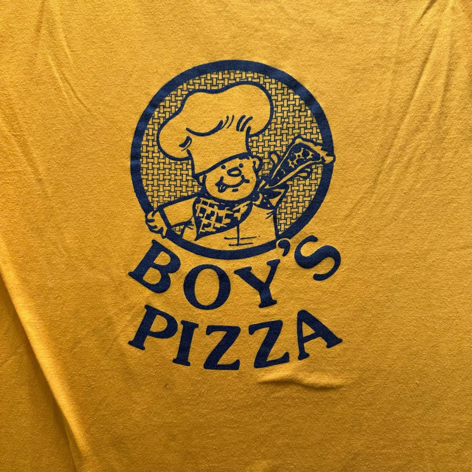 Vintage y2k Boy's Pizza Shirt Mens L Yellow Graphic Logo Cotton Crew Neck gallery