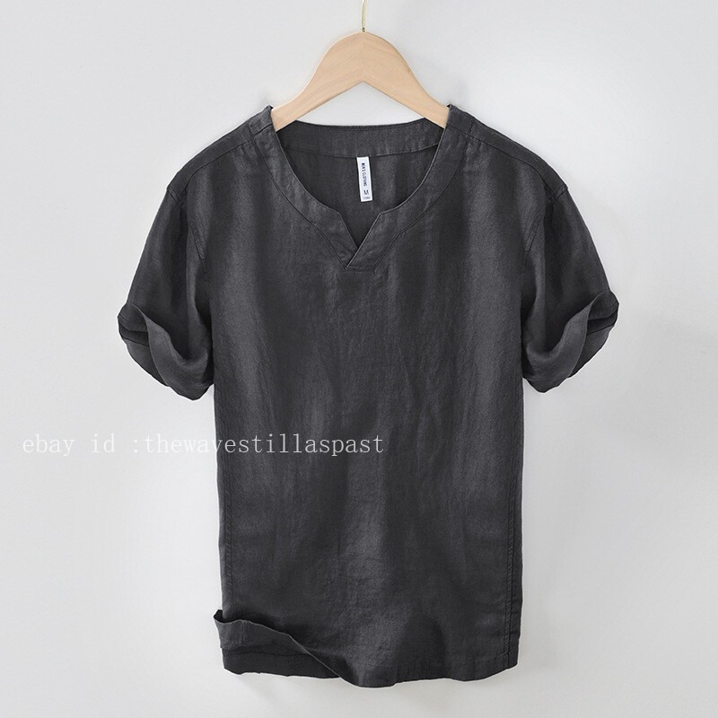 100% Linen Men T-shirt V Neck Summer Short Sleeves Retro Tops Casual Undershirt gallery