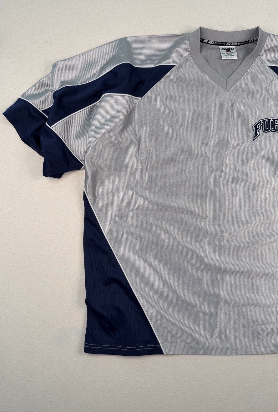 Vintage FUBU Sports Jersey XXL Grey Navy Mesh Y2K Hip Hop Streetwear Shirt gallery