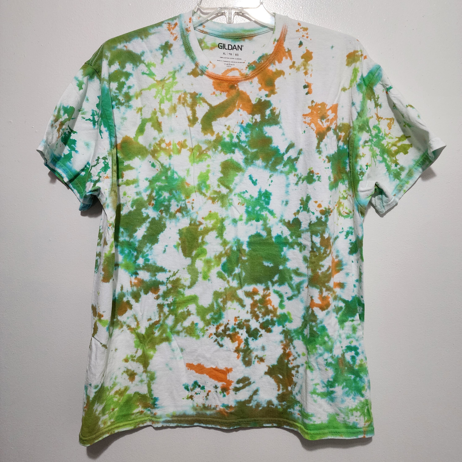 Gildan Mens XL 100% Cotton Splatter Tie Dye T-shirt Lime White Green Orange gallery