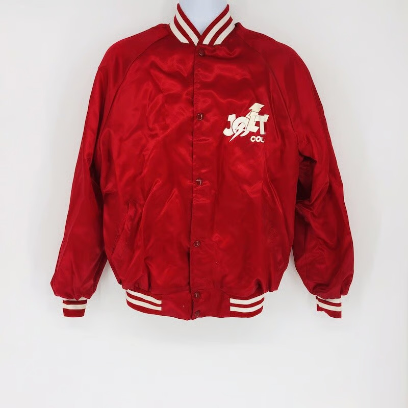 Vintage Jolt Cola Red Satin 100% Nylon Bomber Jacket WestArt Lined Size XL gallery