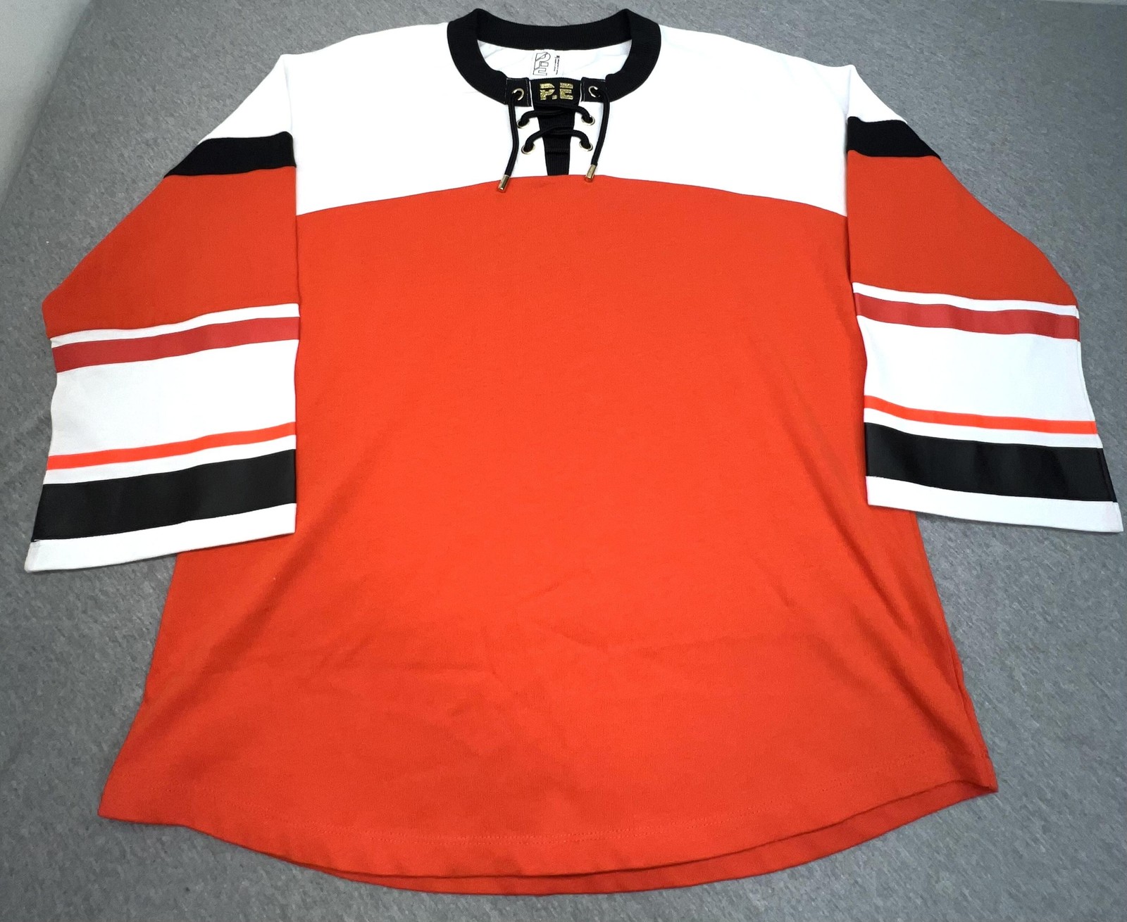 P.E Shirt Mens Small Orange White Hockey Jersey Lace Up Long Sleeve Top gallery