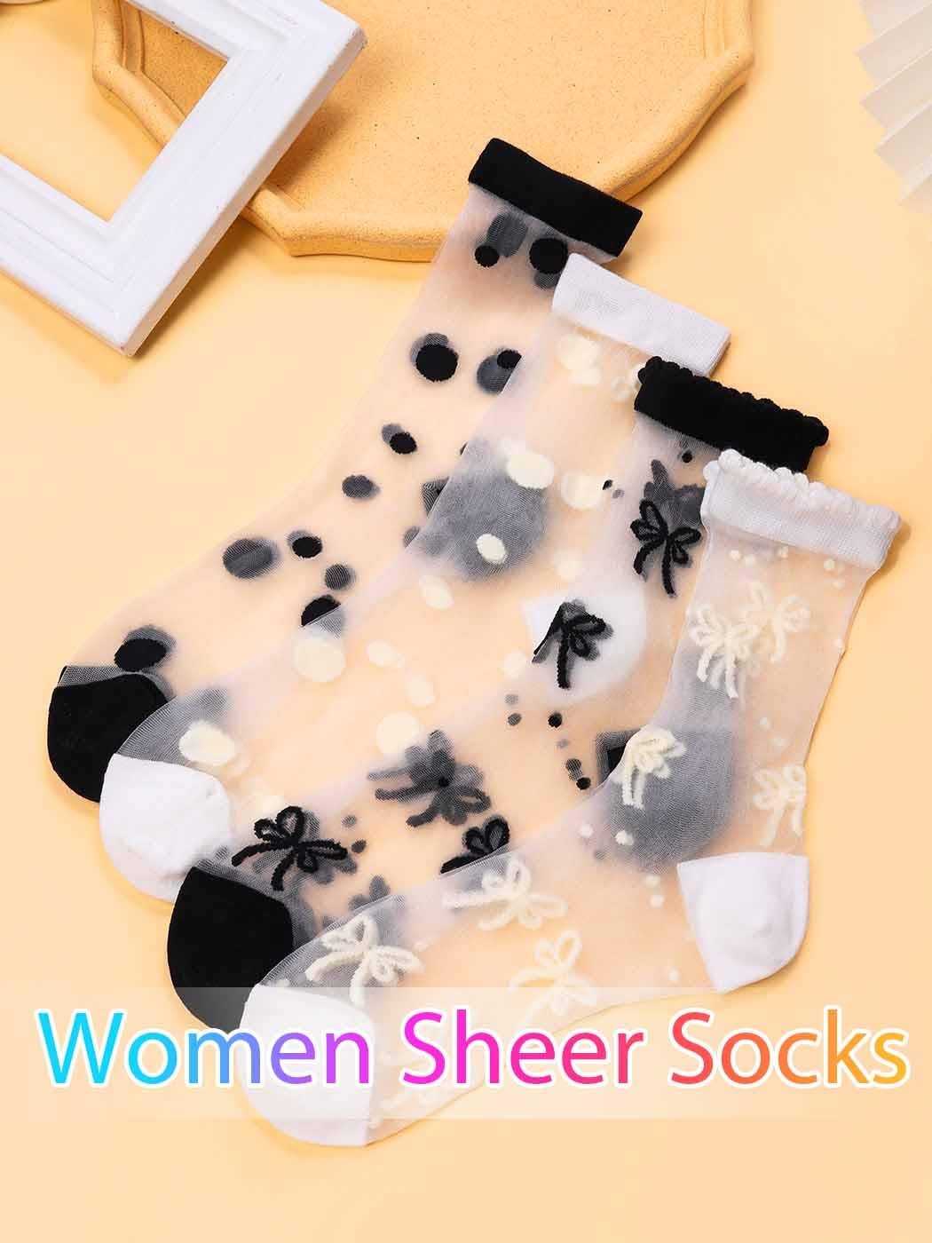 Womens Sheer Ankle Socks Polka Dot Bow Pattern 4 Pairs Black White gallery